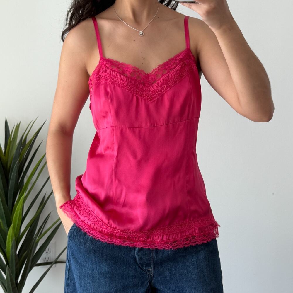 Y2K Silk Cami Top Medium Pink Satin Babydoll Lace Slip Camisole Coquette‎ WHBM
